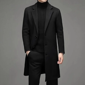 Men Mid-Length Trench Coat Wool Like Polyester Overcoat Single Breasted Notched Lapel Slim Fit Business Casual Outerwear