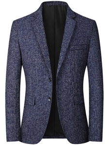 Slim fit men's dark blue casual blazer in textured fabric with single-breasted buttons