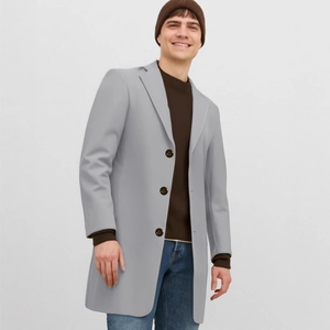 Elegant slim fit light grey mid-length wool coat with a classic lapel for men