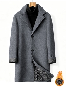 Men's wool blend grey overcoat with insulated quilted lining and notch lapel
