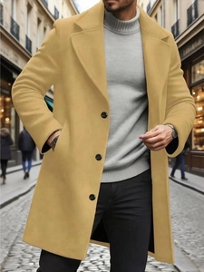 Men's slim fit camel trench coat with lapel collar and buttons for casual business style