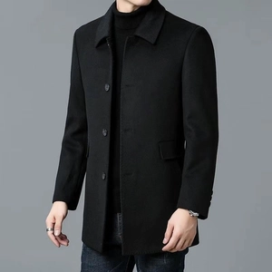 Classic men's black wool blend mid-length overcoat with notch lapels and single-breasted buttons