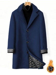 Men's navy blue wool blend coat with single-breasted buttons and quilted lining