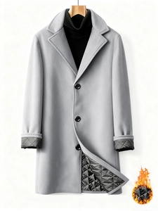 Men's grey business wool blend overcoat with warm quilted lining and notch lapel