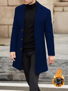 Cappotto in lana da uomo blu scuro con chiusura a tre bottoni e fodera calda