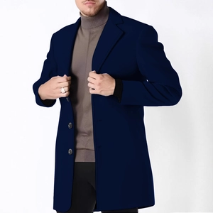 Mens dark blue wool trench coat with single-breasted buttons and classic lapel for autumn
