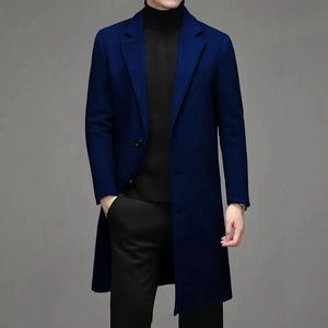 Men's dark blue wool blend trench coat with a classic lapel and single-breasted design