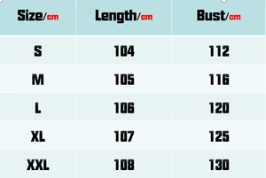 Size chart for men's long wool overcoat showing length and bust in centimeters from S to XXL
