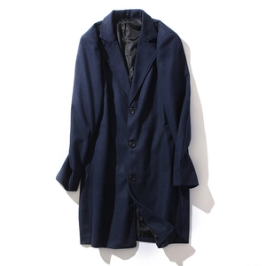 Men's navy blue mid-length wool blend overcoat with classic notched lapels and 3 buttons