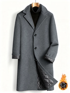 Men's dark grey overcoat with lapel collar, three buttons and warm quilted lining