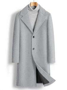 Men's light grey mid-length wool coat with notched lapels and two-button closure