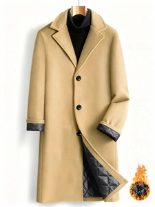 Classic camel men's long wool coat with notched lapel and warm quilted lining