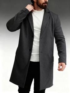 Classic dark grey men's wool blend overcoat with single-breasted design for business style
