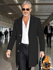 Men's business casual black wool coat with single-breasted buttons and notch lapels