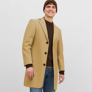 Elegant men's slim fit camel mid-length overcoat with classic lapels and single-breasted buttons
