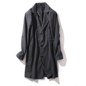 Classic dark grey men's wool blend overcoat with mid-length cut and three-button front