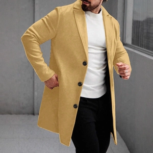 Men's khaki mid-length wool blend coat with lapels and single-breasted button closure