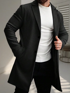 Classic black single-breasted mid-length trench coat with lapel collar for men