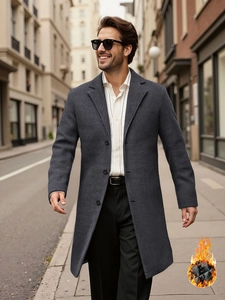 Men's dark gray wool blend overcoat with single-breasted buttons and quilted lining