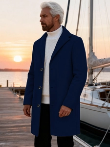Classic dark blue single-breasted wool overcoat for men featuring business casual style