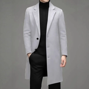 Classic men's light grey mid-length wool coat with notched lapels and black buttons
