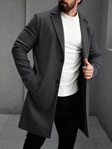 Men's dark gray wool blend business casual mid-length overcoat with notch lapels