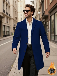 Men's deep blue wool style overcoat with quilted lining and classic notch lapel