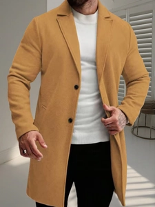 Classic camel single-breasted wool trench coat for men in a modern business casual style