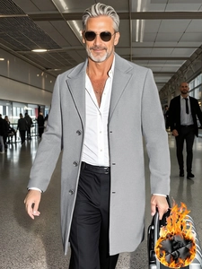 Classic grey wool blend mid-length coat with single-breasted buttons and quilted lining