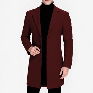 Classic burgundy mid-length trench coat with notched lapels and single-breasted buttons