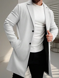 Men's light grey mid-length wool coat with a classic single-breasted slim fit design