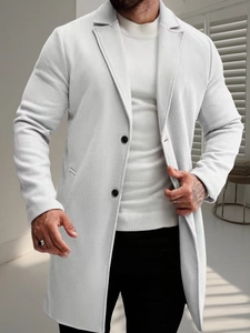 Classic light grey single-breasted trench coat for men with a mid-length notch lapel design