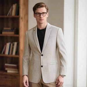 Men's casual slim fit light grey blazer featuring classic linen texture and notch lapels