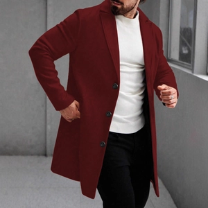 Men's single-breasted mid-length wool coat in burgundy with a classic lapel collar