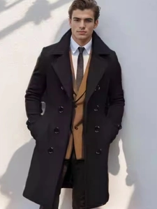 Classic double-breasted black wool coat for men with a business casual long silhouette