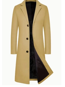 Classic khaki long-length men's wool coat with notch lapel and a sleek business fit