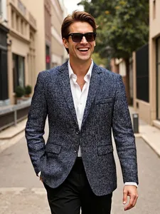 Slim fit navy blue textured blazer for men paired with a white shirt in an outdoor setting