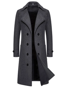Cappotto lungo in lana grigio scuro doppiopetto da uomo con ampi revers e stile business