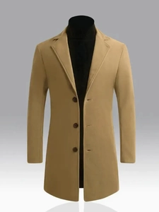Classic khaki slim-fit wool overcoat for men with notch lapels and three-button closure