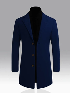 Mens royal blue mid-length wool coat with notched lapel and three-button closure