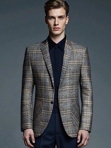 Men's stylish grey-brown plaid casual blazer with a classic notched lapel and slim fit