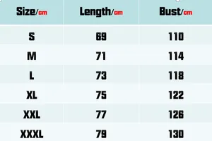 Size chart for men's winter jacket showing length and bust measurements in centimeters