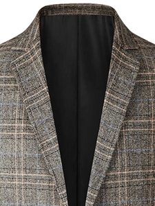 Close-up of the woven plaid fabric texture and notched lapel on this men's casual blazer