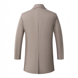 Back view of men's double-breasted thick wool trench coat in light brown check pattern