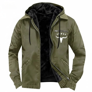 Men's winter heavy padded hooded jacket in army green with warm black fleece lining