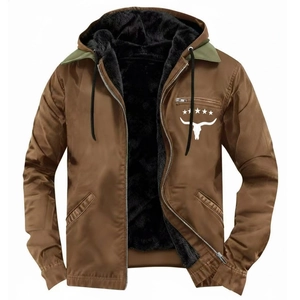 Men's outdoor brown hooded jacket with warm black fleece lining and chest print