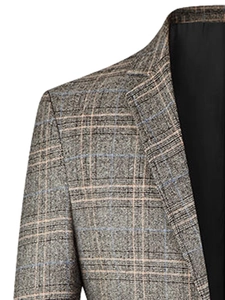 Detail of grey plaid suit jacket featuring notch lapels and textured wool fabric