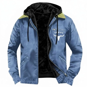 Navy blue men's fleece-lined hooded jacket with warm faux fur interior and skull logo