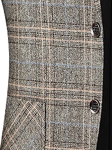Detail of grey plaid suit jacket with blue and orange grid pattern and buttons