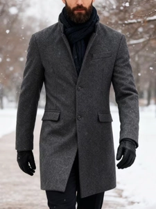 Dunkelgrauer Wollmantel für Herren mit einreihigem Design für winterliche Wärme im Freien